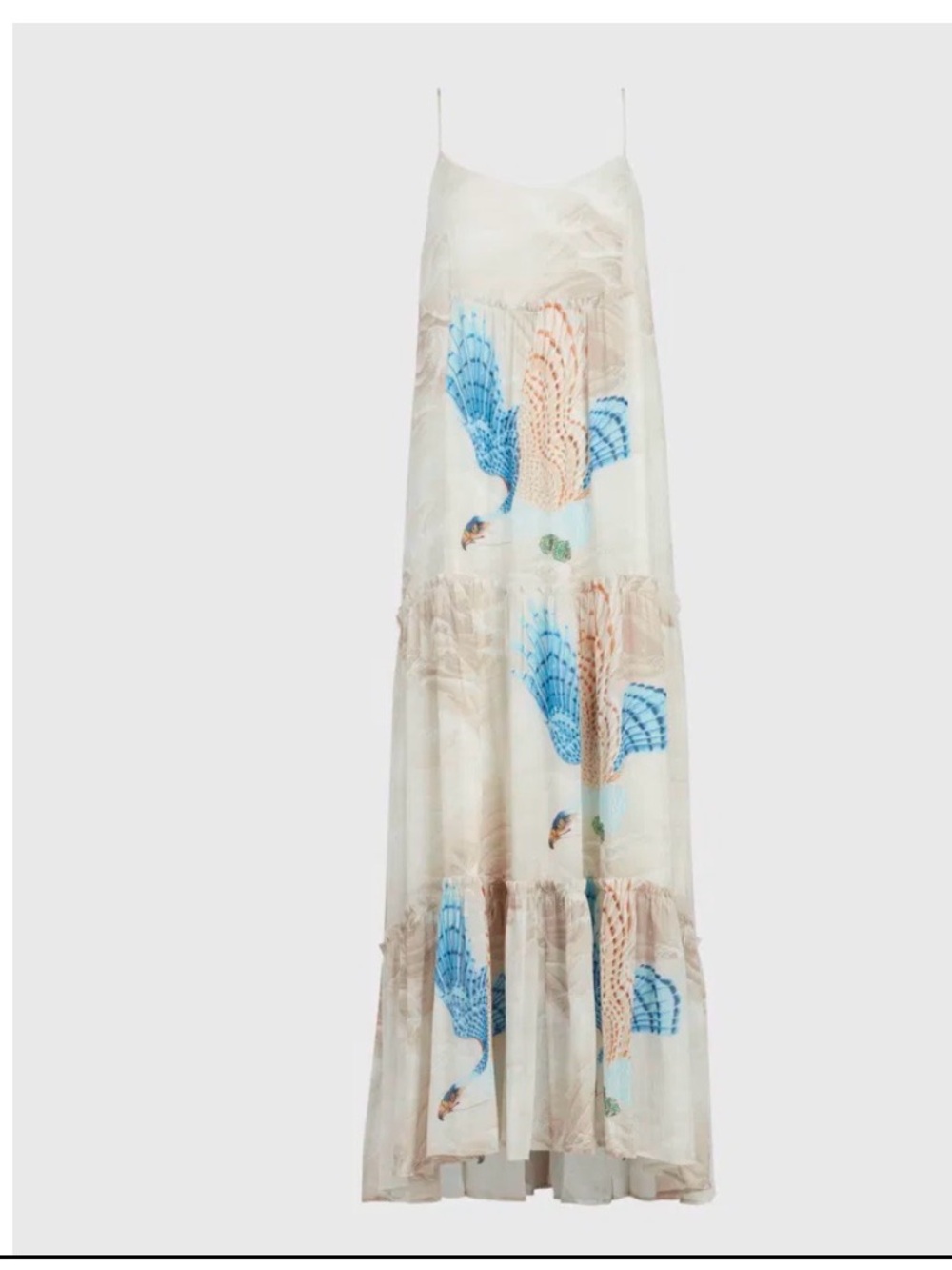 AllSaints Tilly Peakcok Print Maxi Dress in Cream Slip Dress Flowy Summer Casual